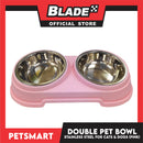 Pet Double Bowl Stainless Steel for Cats and Dogs, Pink Color (Small)