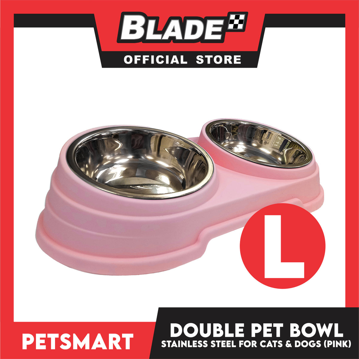 Pet Double Bowl Stainless Steel for Cats and Dogs, Pink Color (Large)