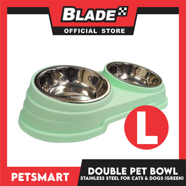 Pet Double Bowl Stainless Steel for Cats and Dogs, Green Color (Large)