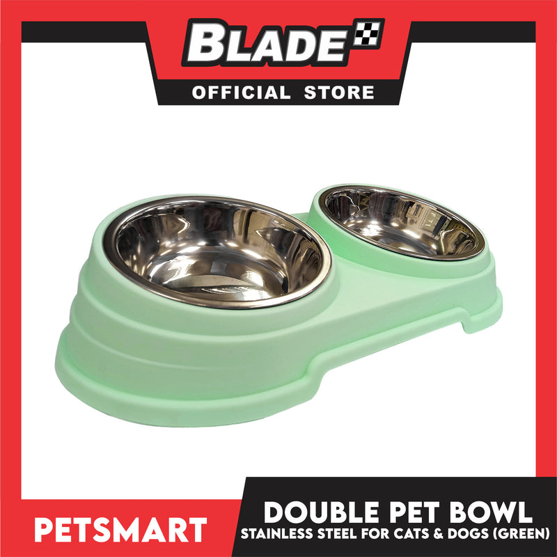 Pet Double Bowl Stainless Steel for Cats and Dogs, Green Color (Large)