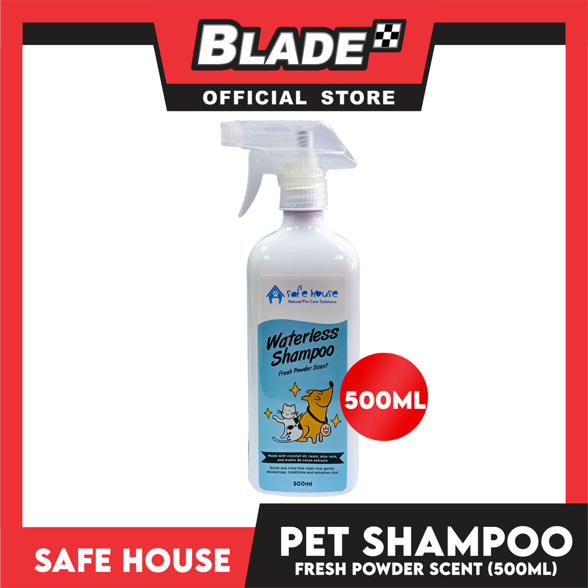 Safe House Natural Pet Care Solutions, Waterless Shampoo Fresh Powder Scent for Pets 500ml