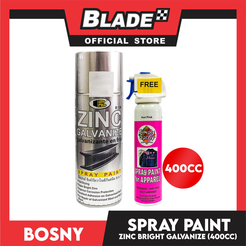 Bosny Zinc Galvanize Spray Paint B136 400CC with FREE Spray Paint for Apparel 73.9ml