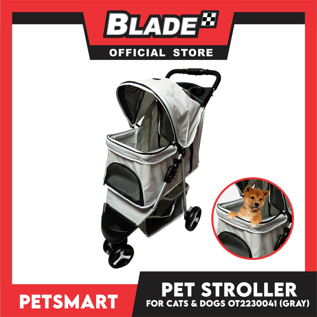 Pet Stroller 3 Wheels for Cats and Dogs, Gray Color (OT2230041) 36cm x 73cm x 105cm