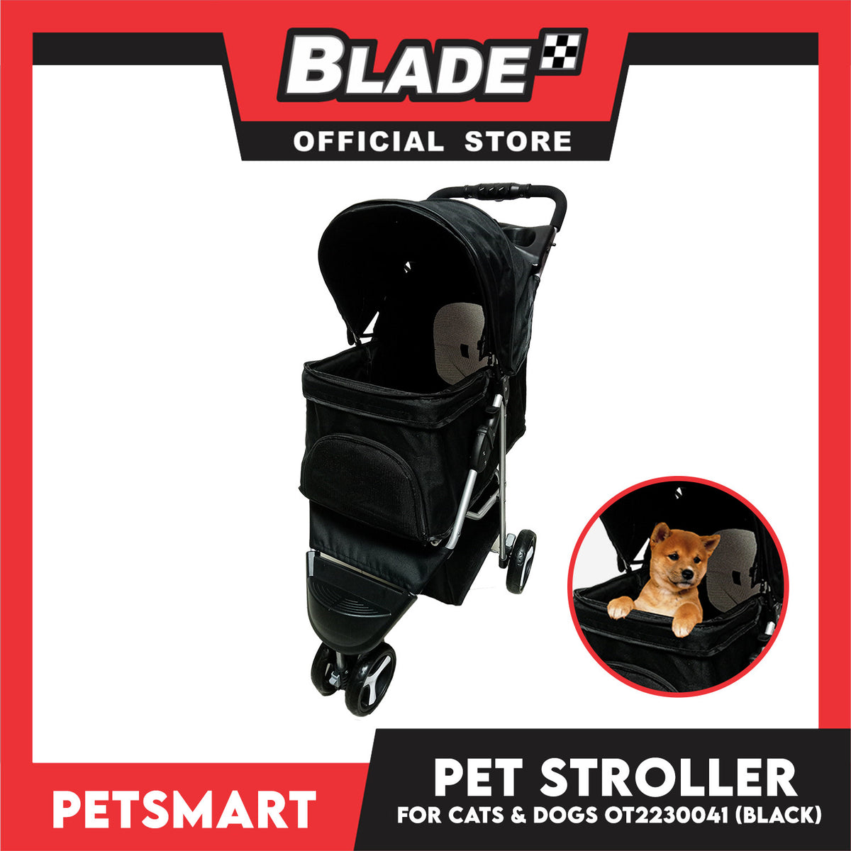 Pet Stroller 3 Wheels for Cats and Dogs, Black Color (OT2230041) 36cm x 73cm x 105cm