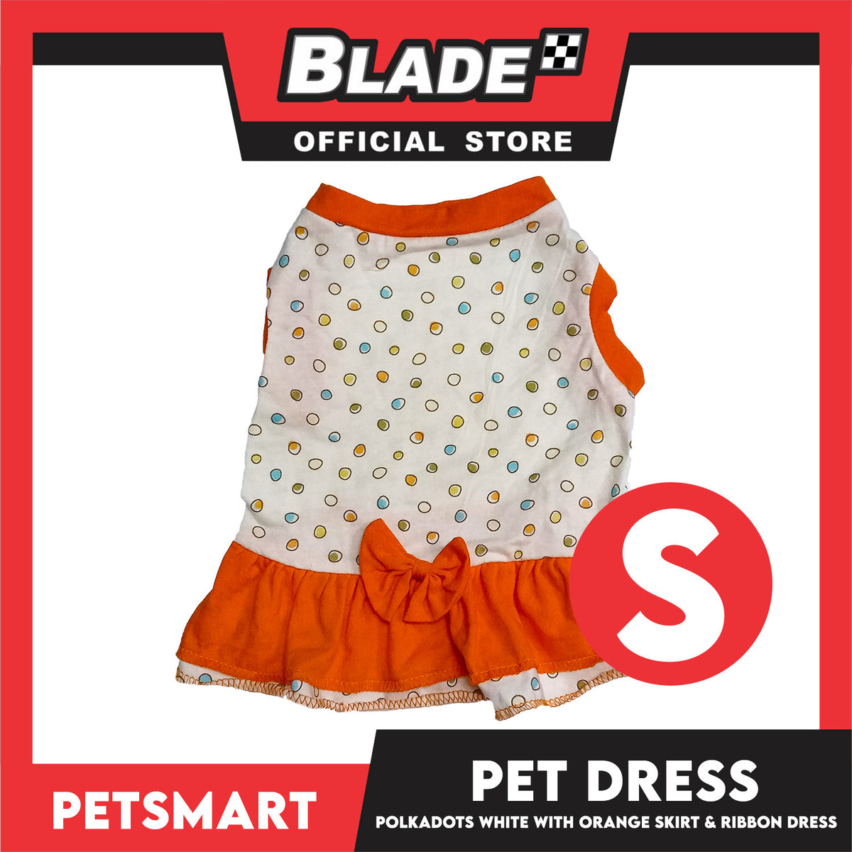 Pet Dress Polkadots White with Orange Color Skirt and Ribbon Design, Small Size (DG-CTN200S)
