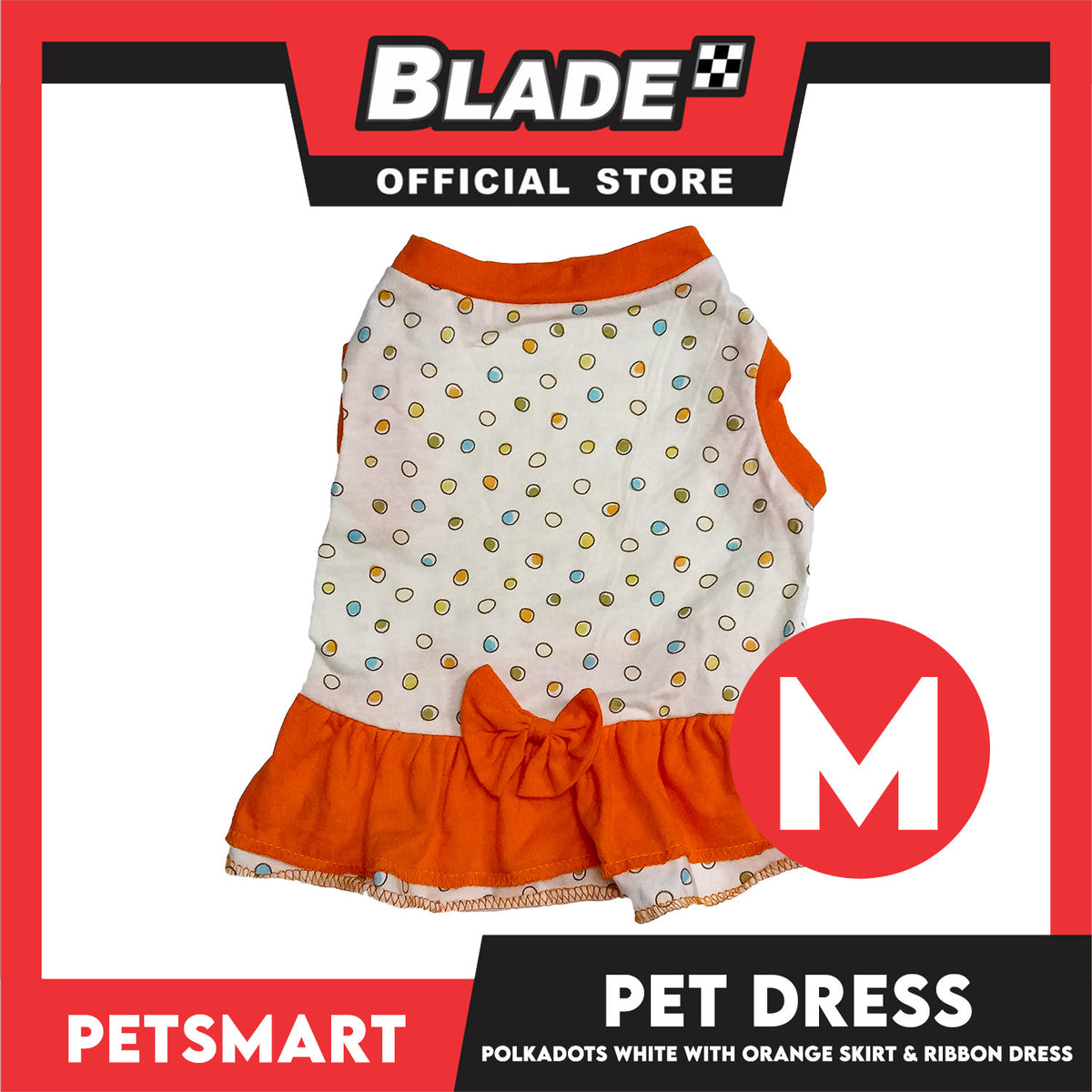 Pet Dress Polkadots White with Orange Color Skirt and Ribbon Design, Medium Size (DG-CTN200M)