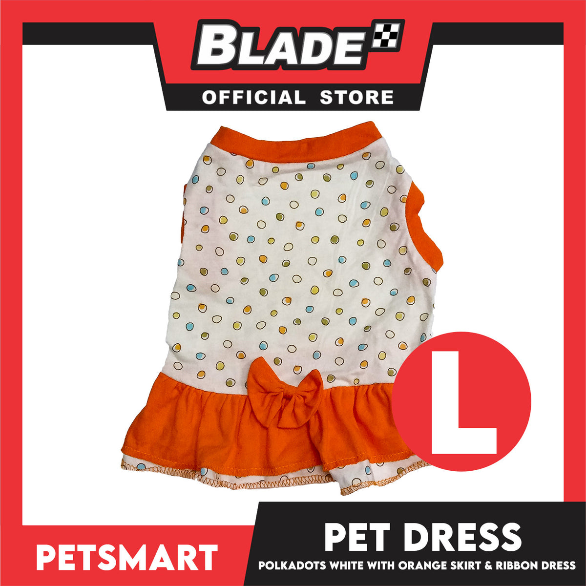 Pet Dress Polkadots White with Orange Color Skirt and Ribbon Design, Large Size (DG-CTN200L)