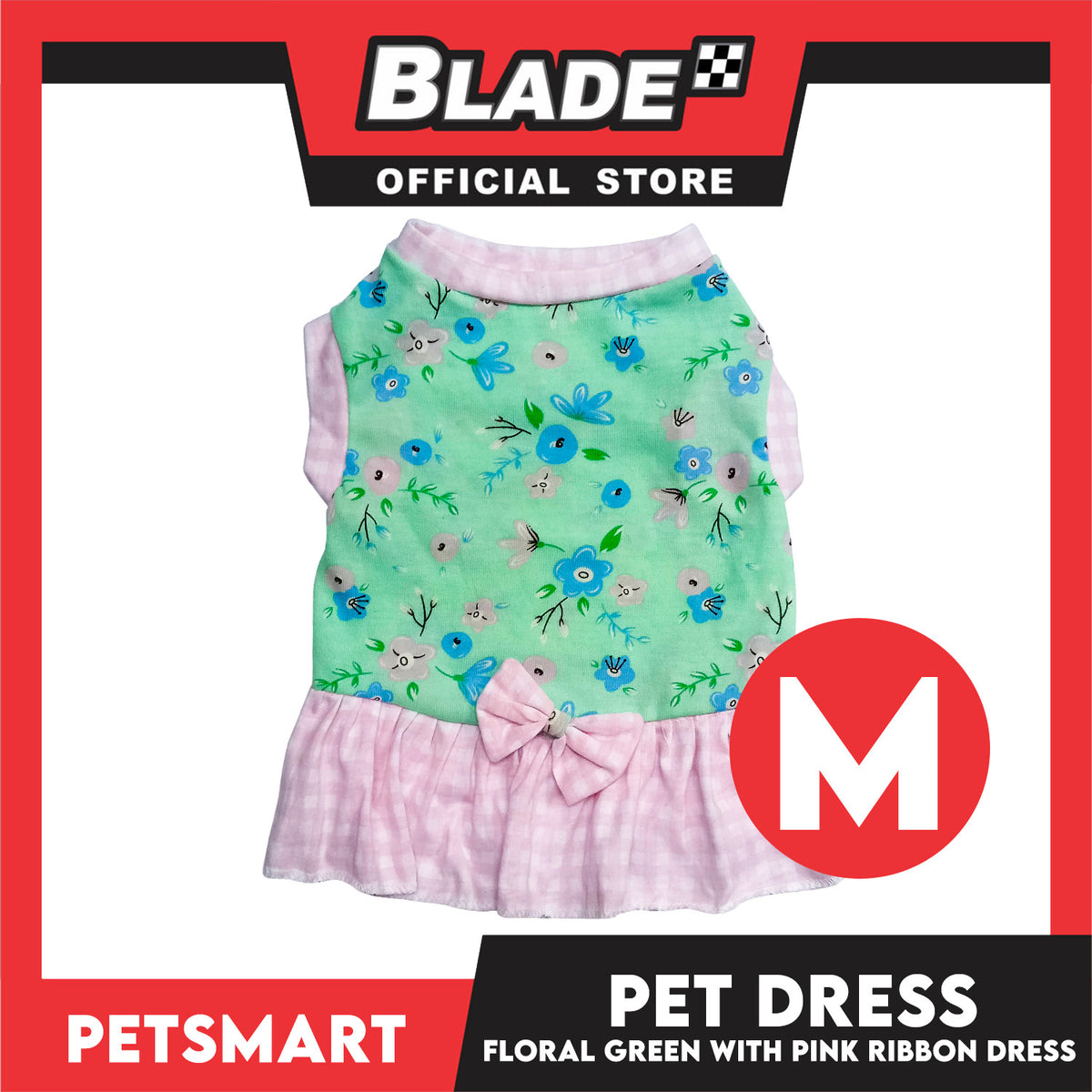 Pet Dress Floral Green with Pink Ribbon Design, Medium Size (DG-CTN212M)