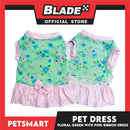 Pet Dress Floral Green with Pink Ribbon Design, Medium Size (DG-CTN212M)