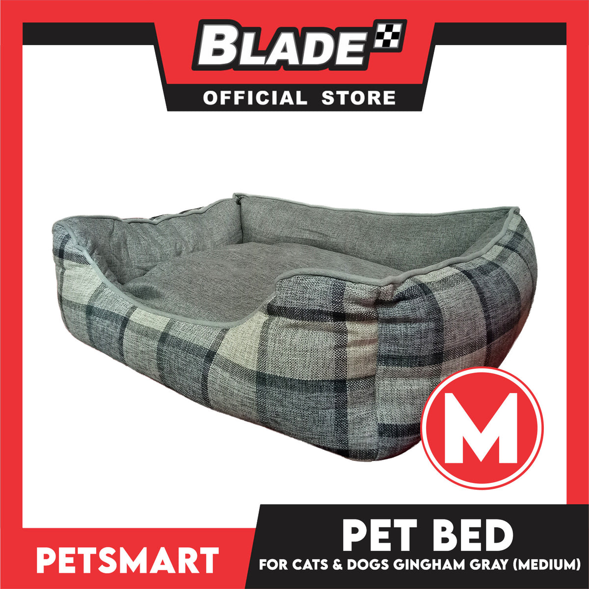 Pet Bed Cat Dog Bed Washable Gingham Gray (Medium) with removable cushion