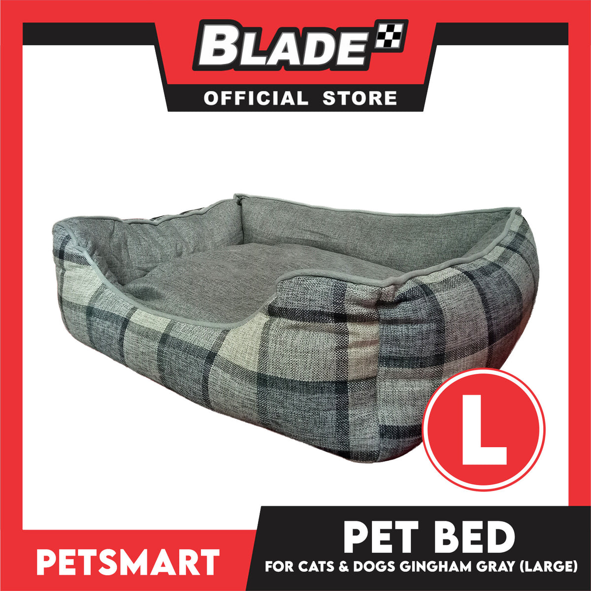 Pet Bed Cat Dog Bed Washable Gingham Gray (Large) with removable cushion