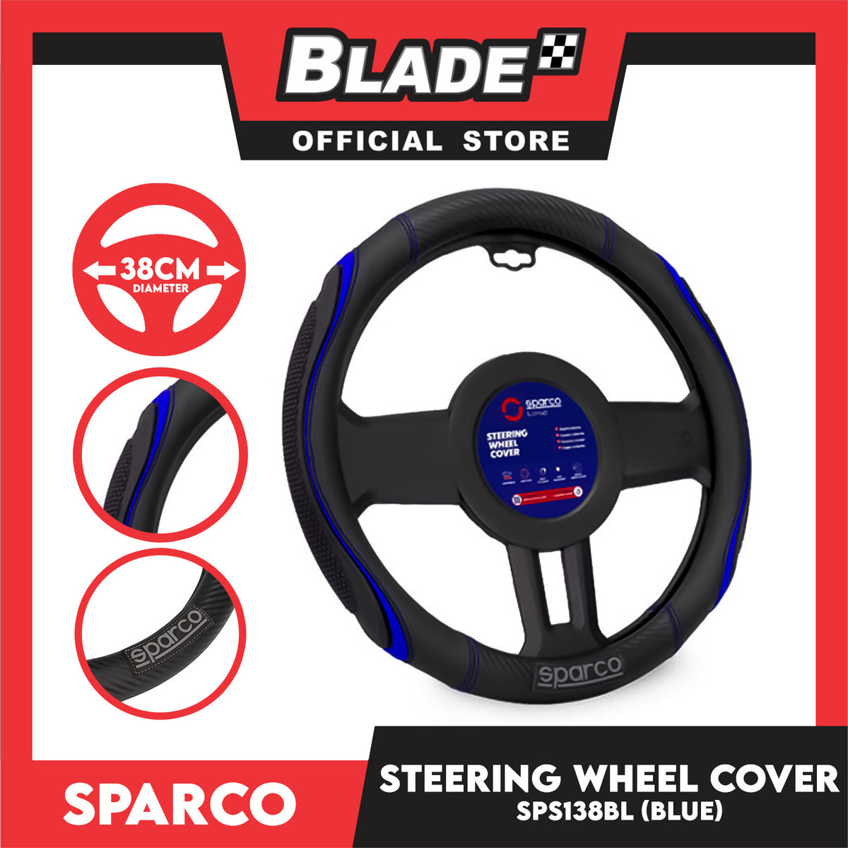 Sparco Steering Wheel Cover SPS138BL (Blue) Universal Fit for Toyota, Mitsubishi, Honda, Hyundai, Ford, Nissan, Suzuki, Isuzu, Kia, MG and more