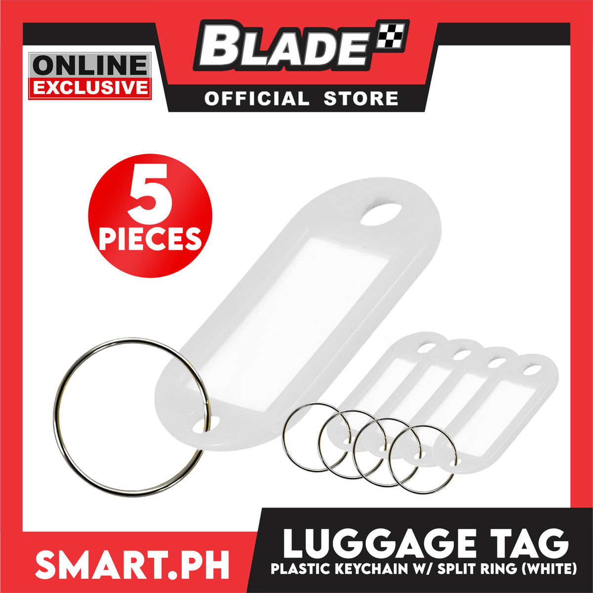 Plastic Keychain Luggage Tag Name Holder (White) with Split Ring
