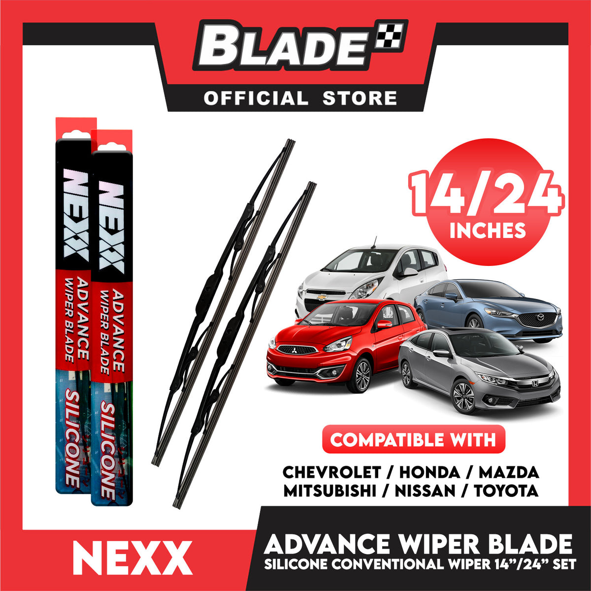 Nexx Advance Conventional Silicone Wiper Blade Set (14'' and 24'') for Chevrolet, Honda, Mitsubishi, Mazda, Nissan, Toyota