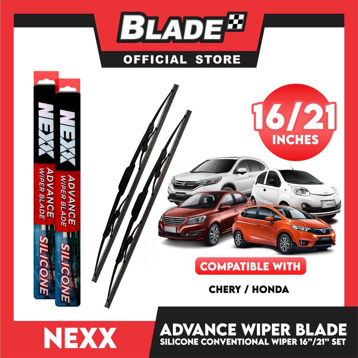 Nexx Advance Conventional Silicone Wiper Blade Set (16'' and 21'')  for Chery QQ3 2006, Honda Jazz 2004-08