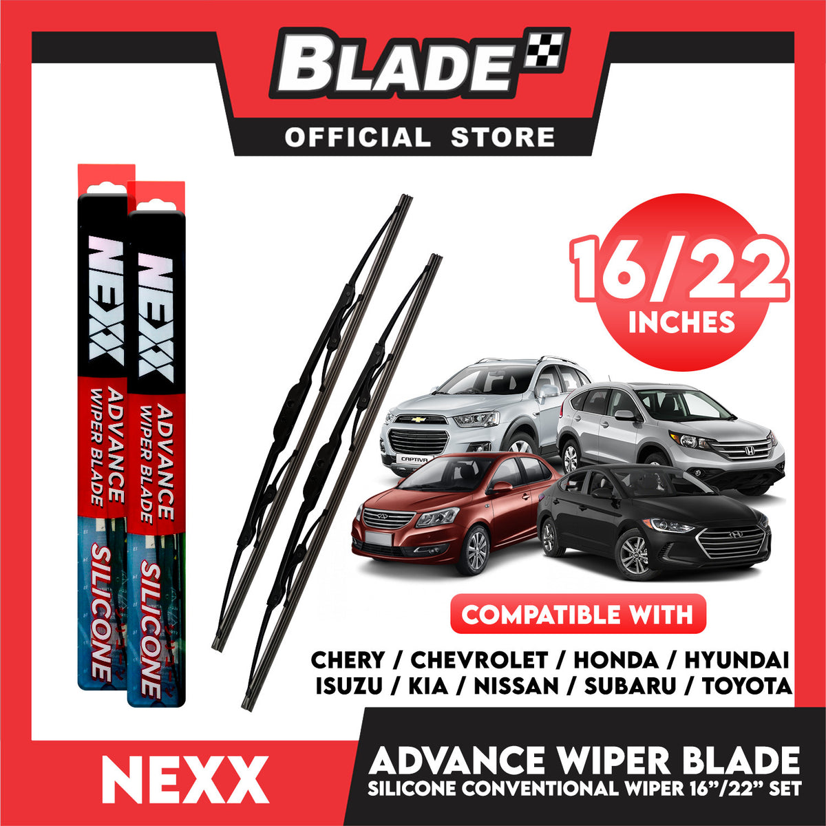 Nexx Advance Conventional Silicone Wiper Blade Set (16'' and 22'') for Chery, Chevrolet, Honda, Hyundai, Isuzu, Kia, Nissan, Subaru, Toyota