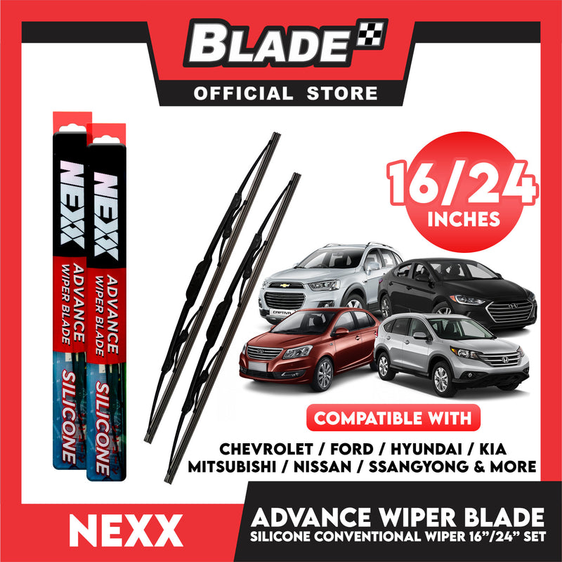 Nexx Advance Conventional Silicone Wiper Blade Set (16'' and 24'') for Ford,  Hyundai, Mitsubishi, Suzuki, and Toyota