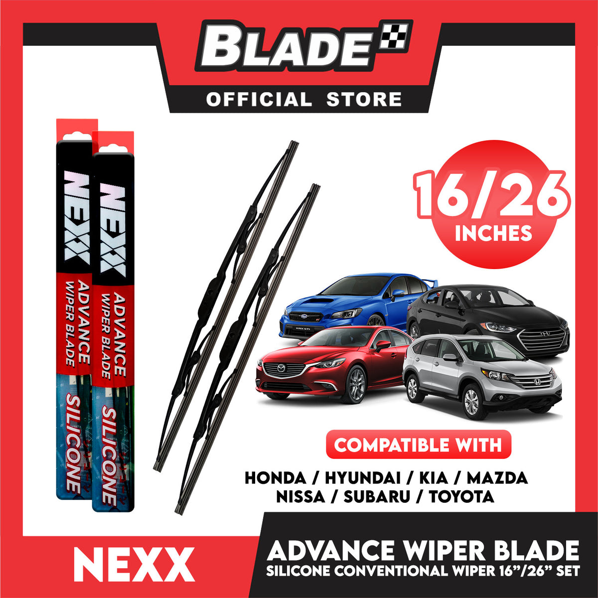 Nexx Advance Conventional Silicone Wiper Blade Set (16'' and 26'') for Honda, Hyundai, Kia, Mazda, Nissan, Subaru, Toyota