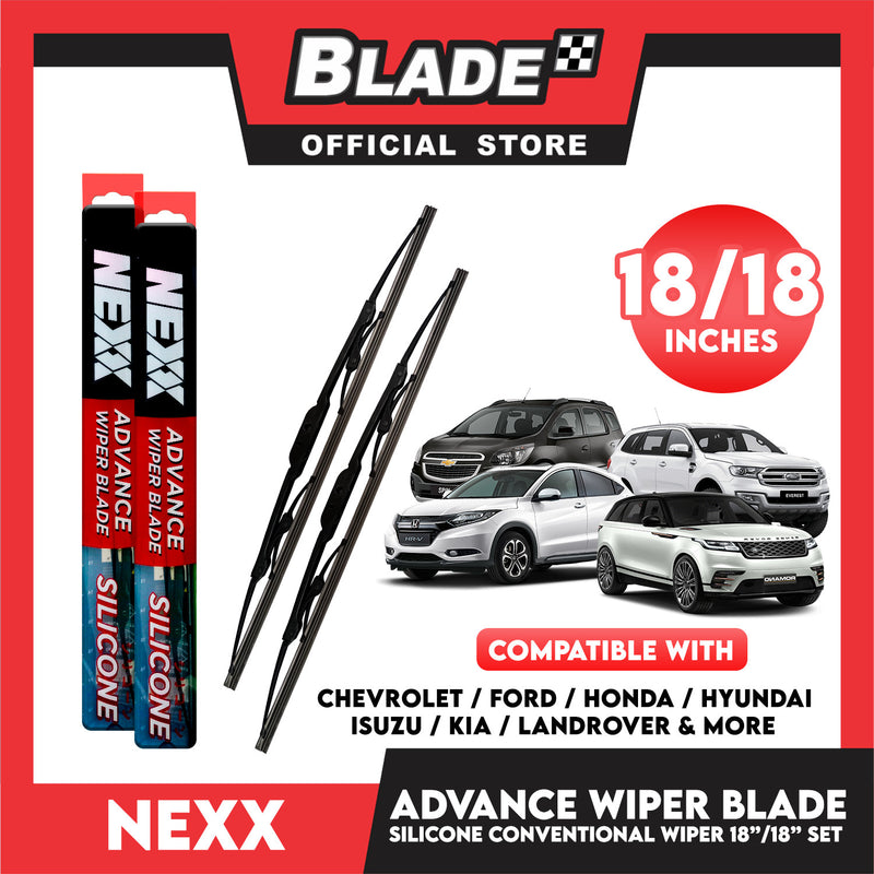 Nexx Advance Conventional Silicone Wiper Blade Set (18'' and 18'') for Chevrolet, Ford, Honda, Hyundai, Isuzu, Kia, Land rover, Mazda, Mercedez Benz, Mitsubishi, Nissan,Suzuki, Toyota