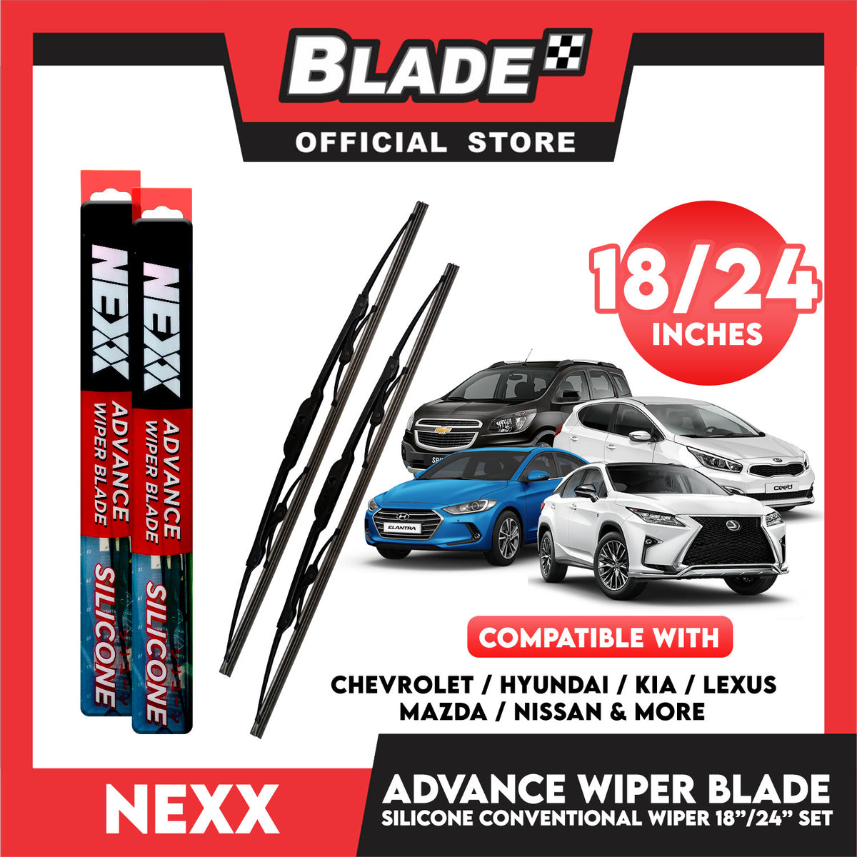 Nexx Advance Conventional Silicone Wiper Blade Set (18'' and 24'') for Chevrolet, Hyundai, Kia, Mazda, Nissan
