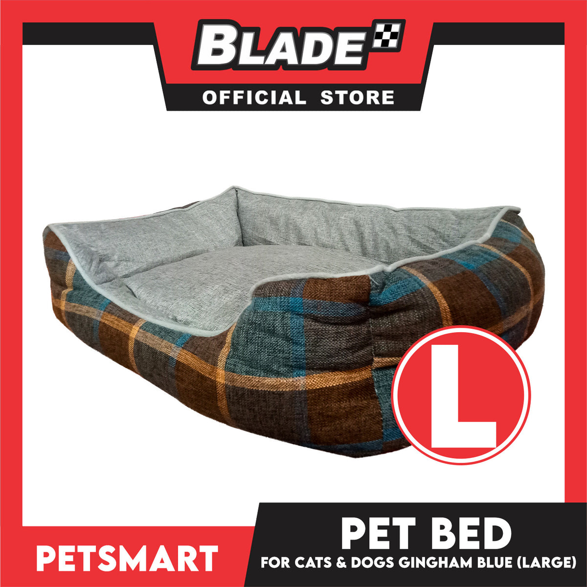 Pet Bed Cat Dog Bed Washable Gingham Blue (Large) with removable cushion