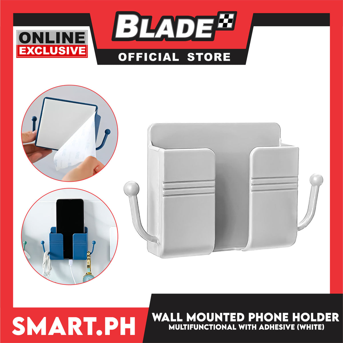 Wall Mounted Phone Holder Organizer With Sticker Adhesive (White) Multifunctional Holder, Remote Control, Mobile Phone, Charging Storage Holder