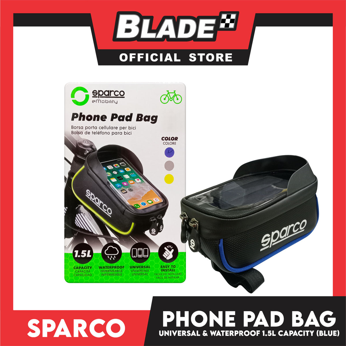 Sparco Waterproof Bicycle Phone Pad Bag 1.5L (Black/Blue)