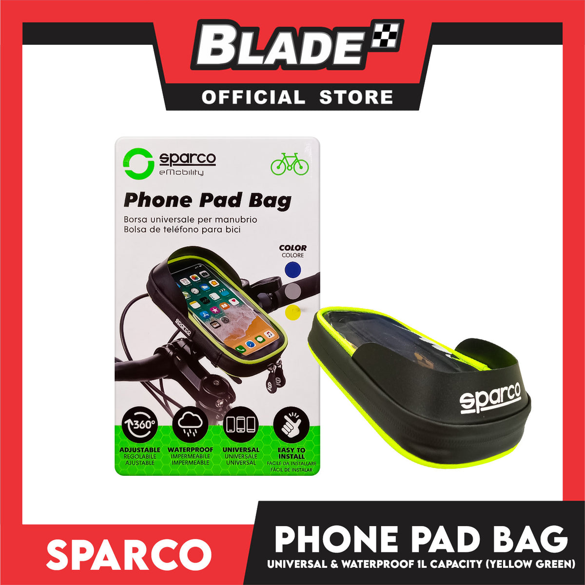 Sparco Waterproof Bicycle Phone Pad Bag 360 degree 1L (Black/Yellow Green) SE106YL