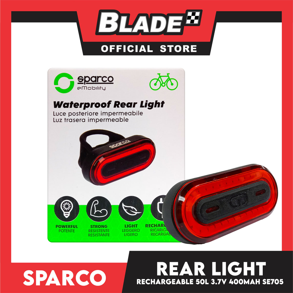 Sparco Bicycle LED  Rear Light Waterproof Rechargeable 50 Lumens 400mAh