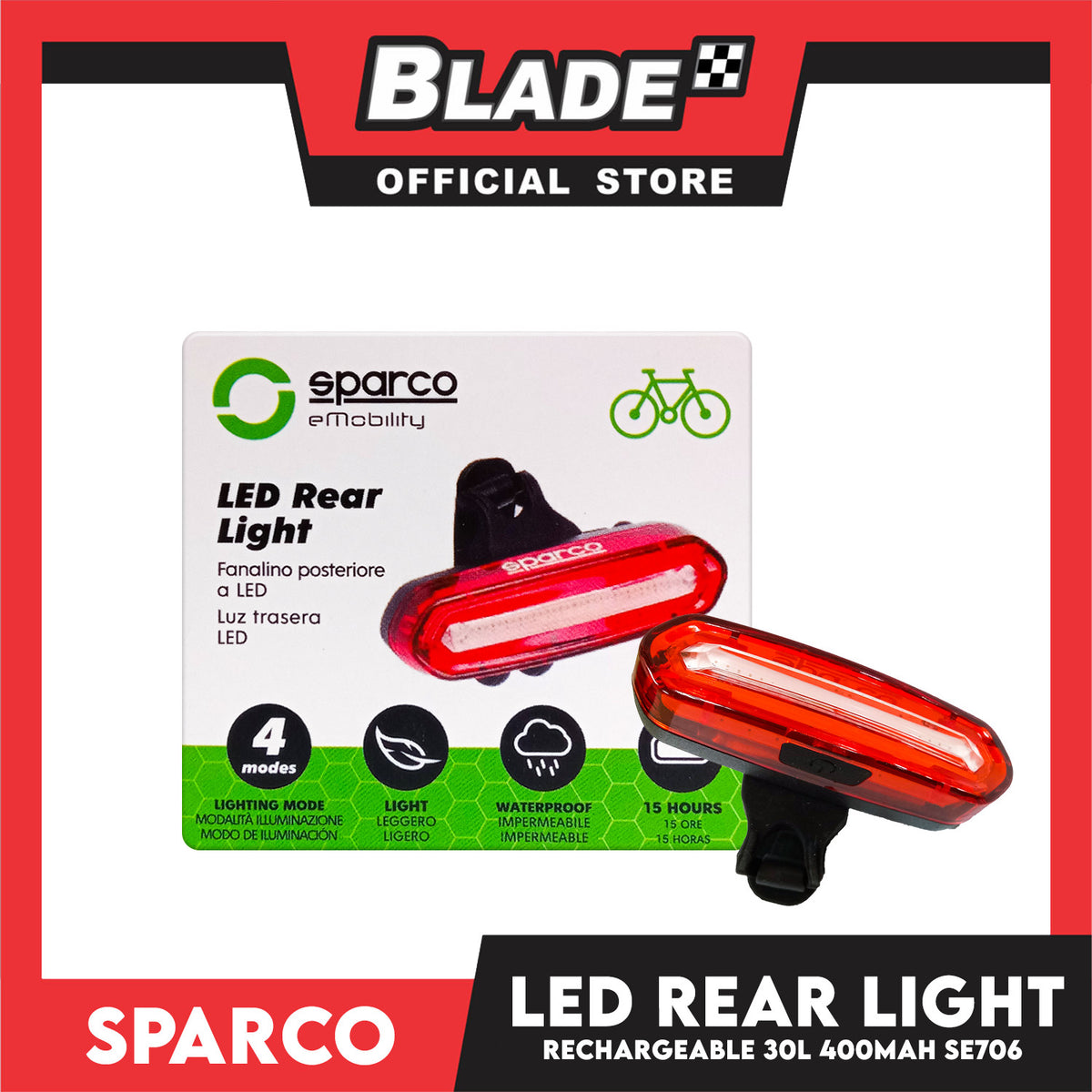 Sparco Bicycle LED  Rear Light Waterproof Rechargeable 30 Lumens 400mAh