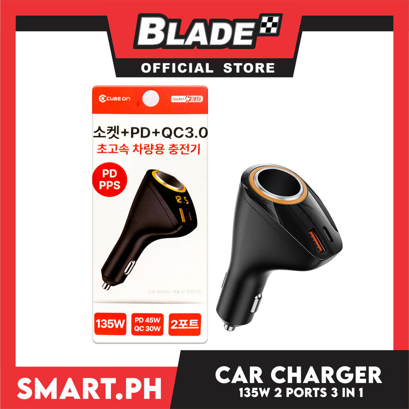 Cube ON Socket + PD + QC3.0 Ultra Fast Car Charger 2-port 135w JI-761
