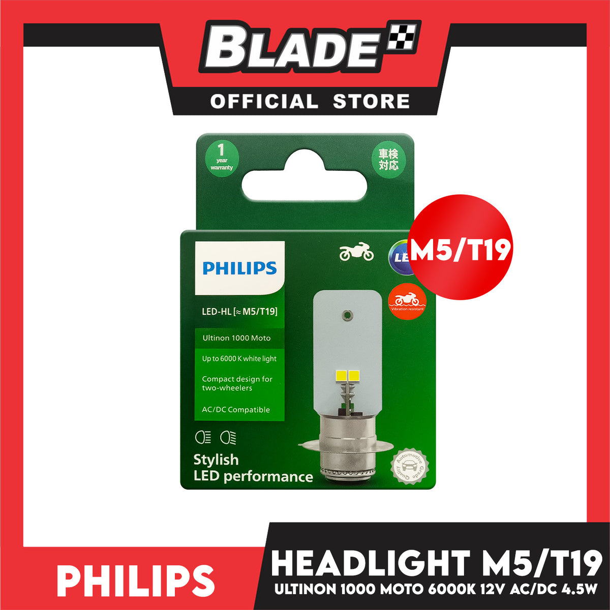 Philips Led Motorcycle Headlight Ultinon 1000 Moto M5/T19 up to 6000K White Light
