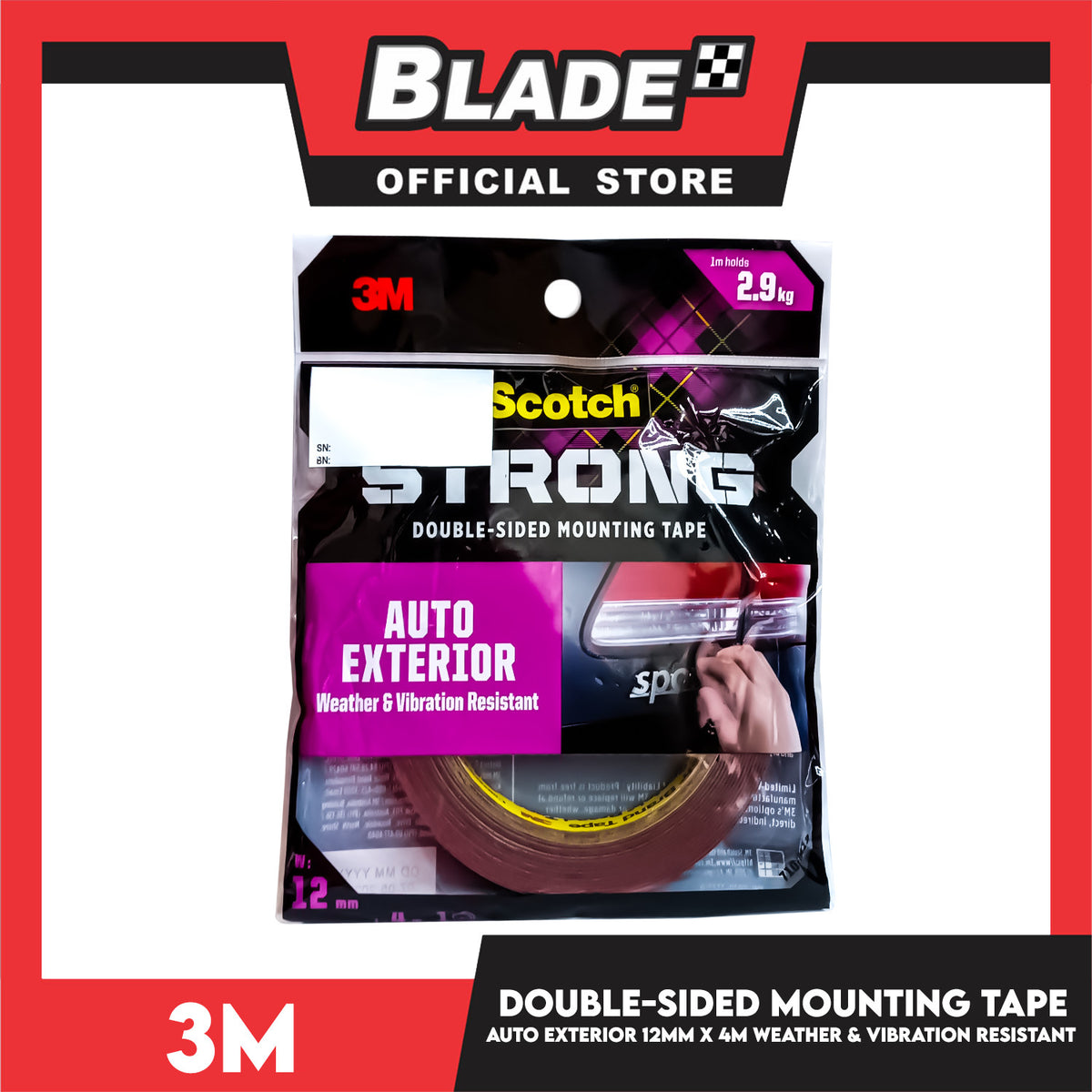 3M Strong Double-Sided Mounting Tape (12 mm x 4 Meters) Auto Exterior Weather and Vibration Resistant 710-M12