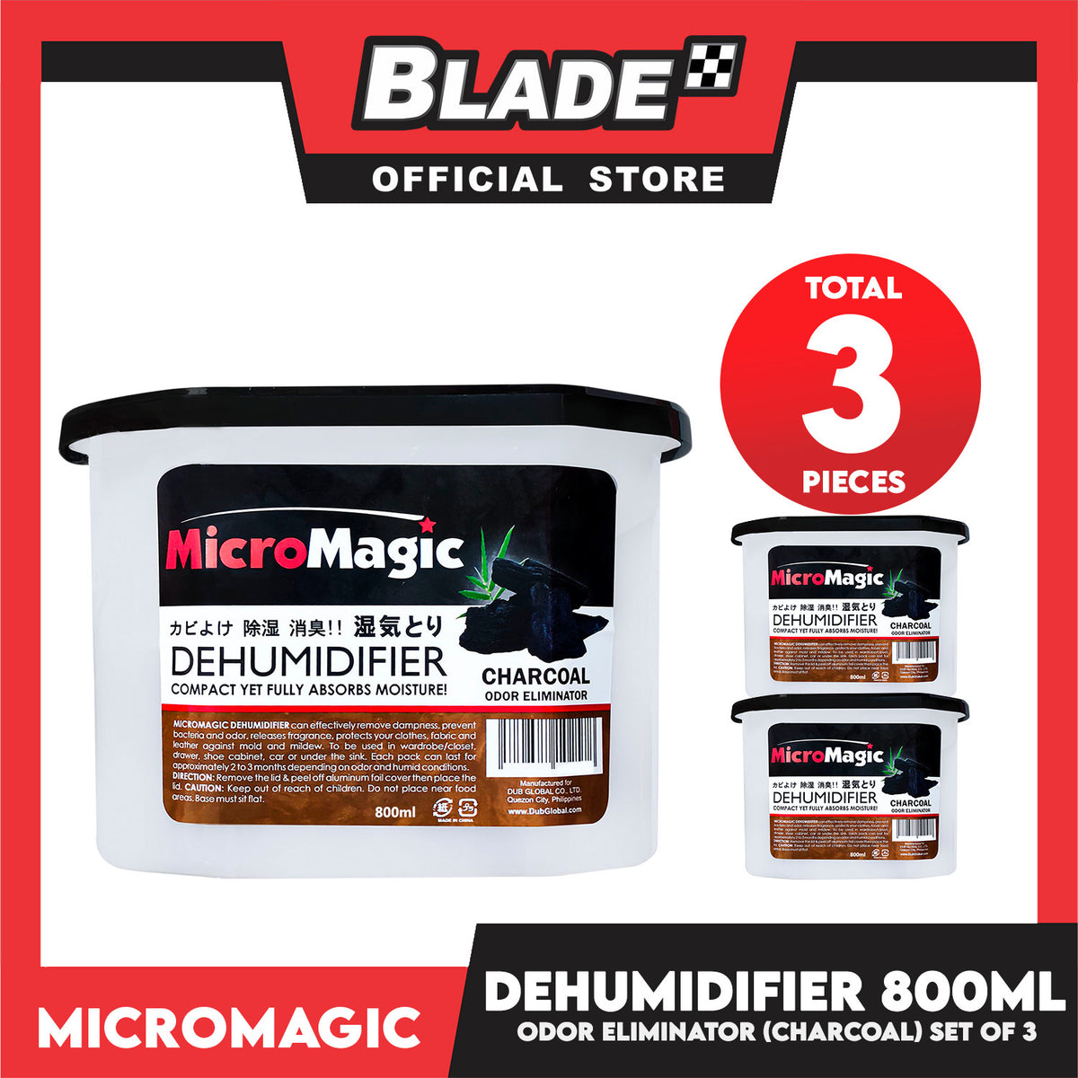 3pcs Micromagic Dehumidifier 800ml (Charcoal) Eliminates Musty Odor, Suitable For Your Car And Closets