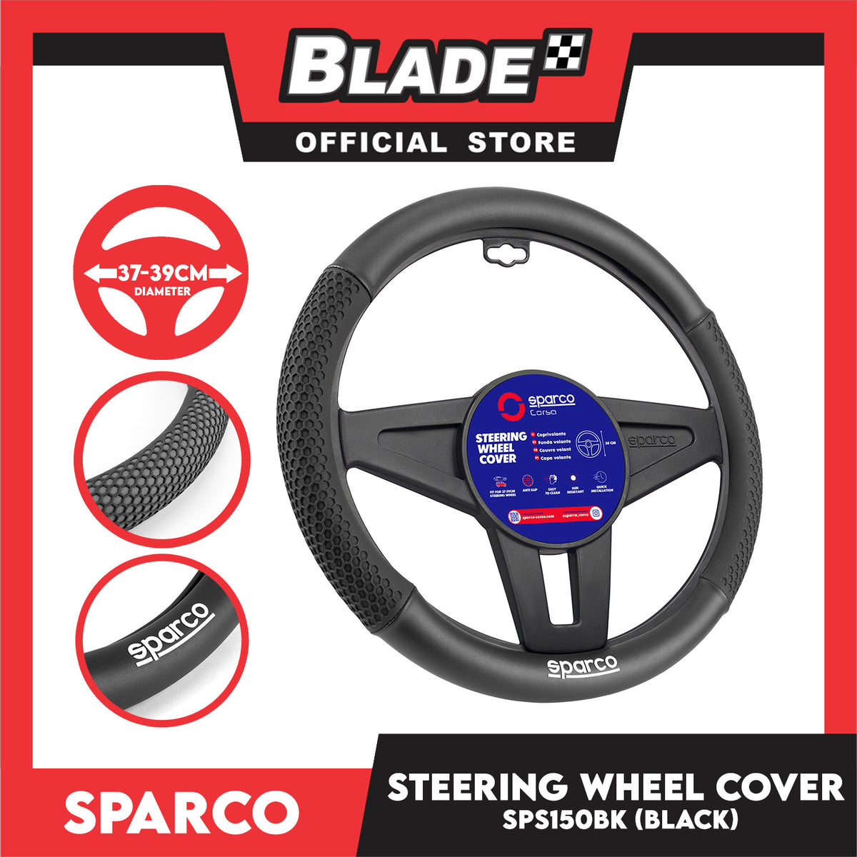 Sparco Steering Wheel Cover SPS150BK 37-39cm Diameter (Black)