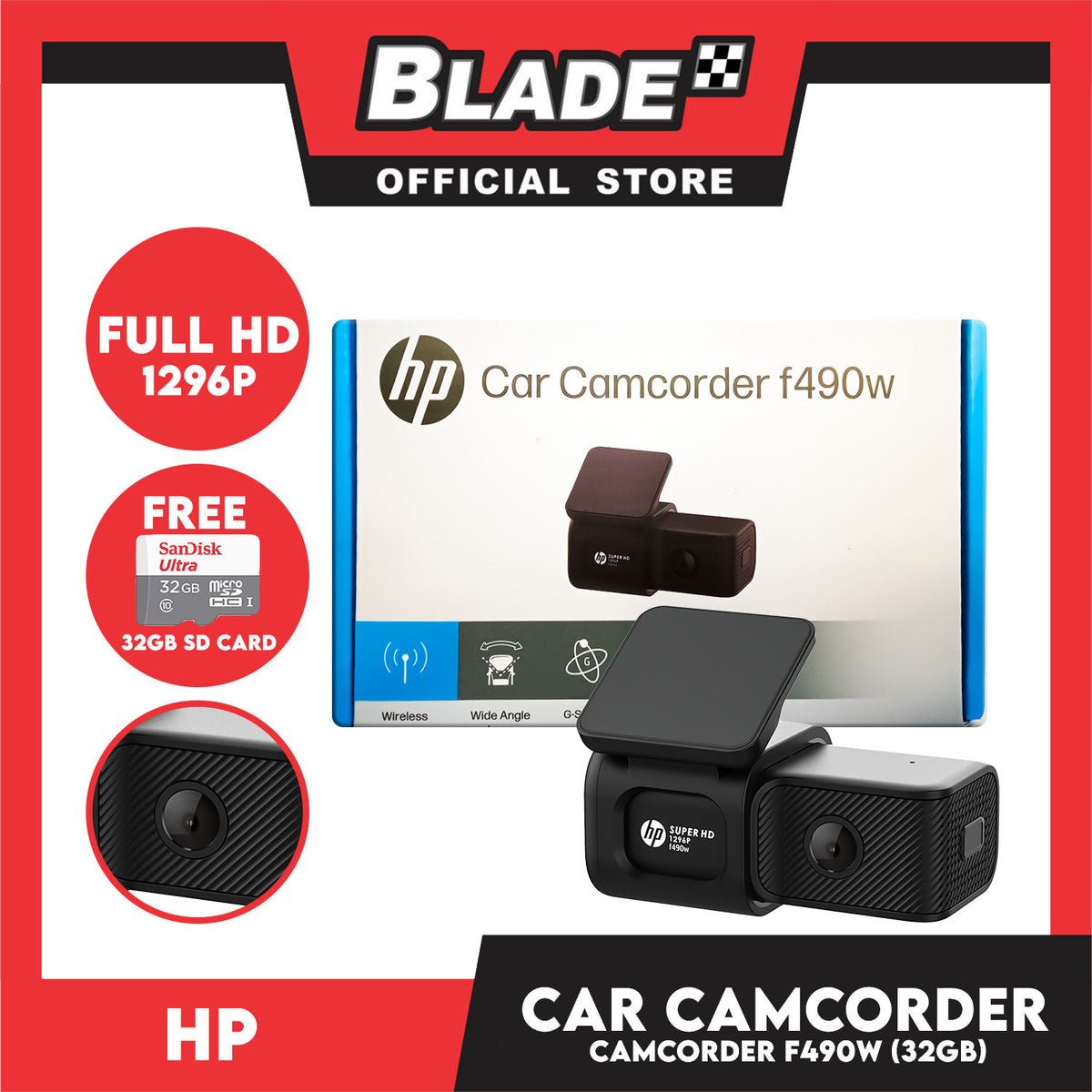 HP Car Camcorder f490w 1-Way with Free SanDisk Ultra 32gb  Micro SD Card