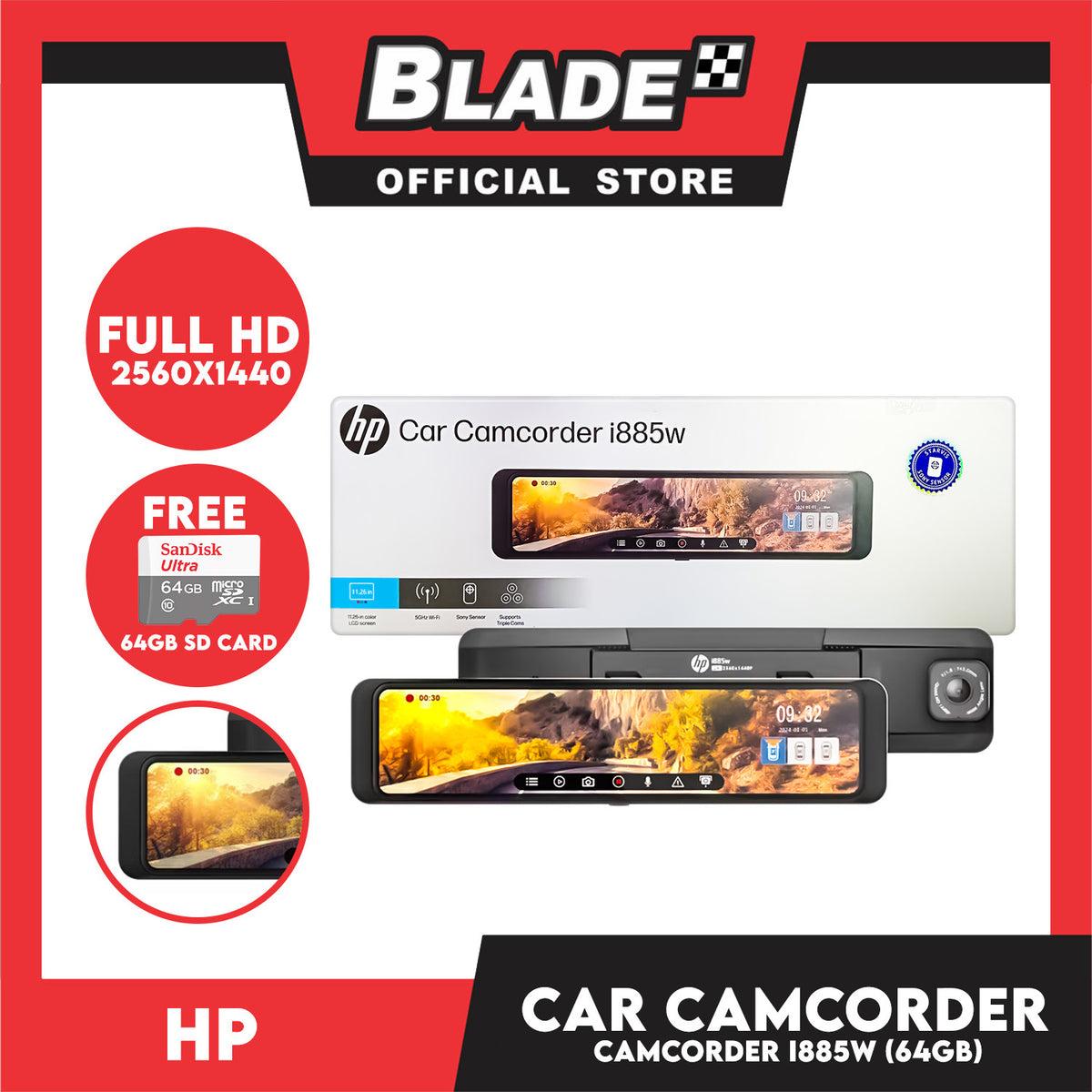 HP Car Camcorder i885w 3-Way with Free SanDisk Ultra 64gb  Micro SD Card