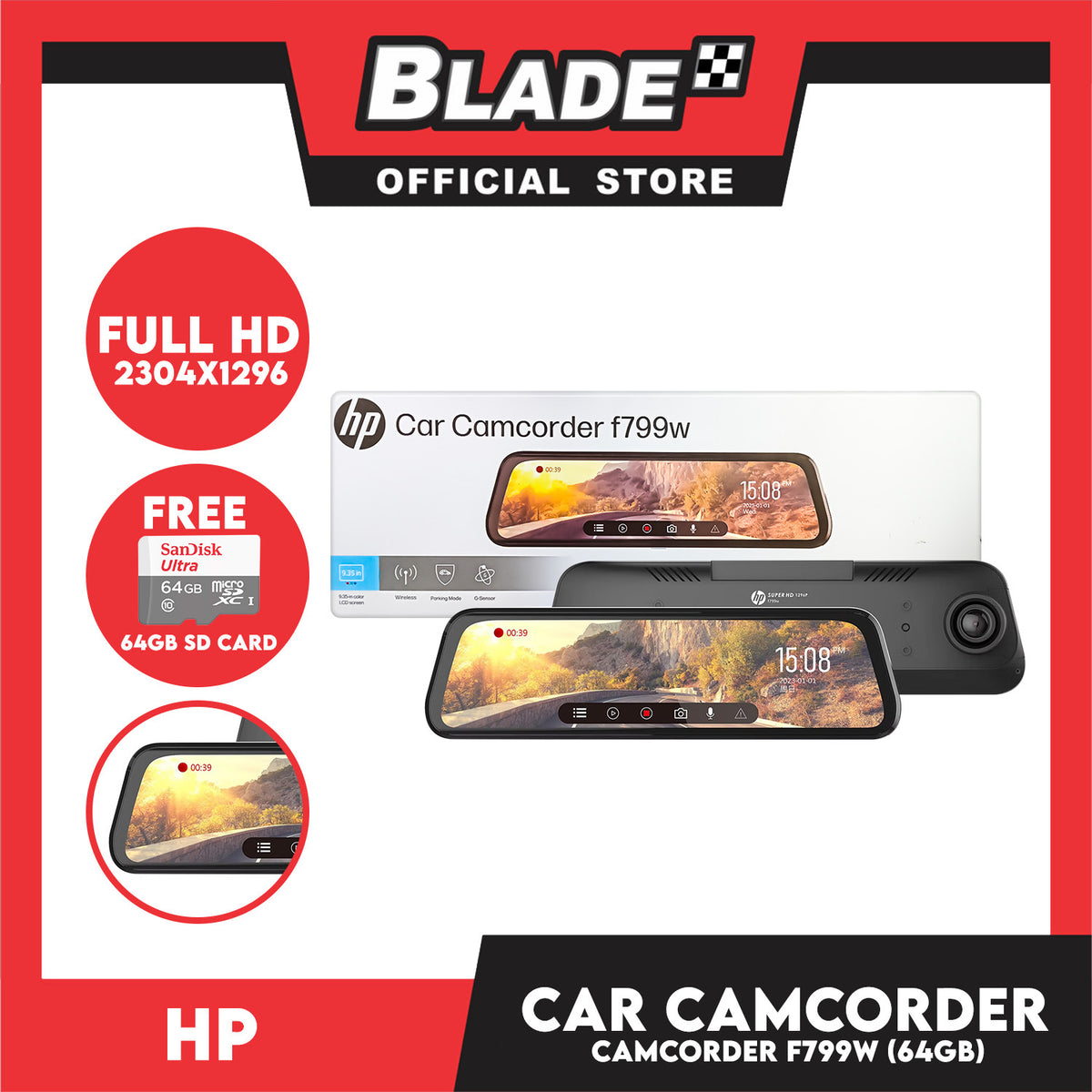 HP Car Camcorder Rearview Mirror f799w 2-Way with Free SanDisk Ultra 64gb  Micro SD Card