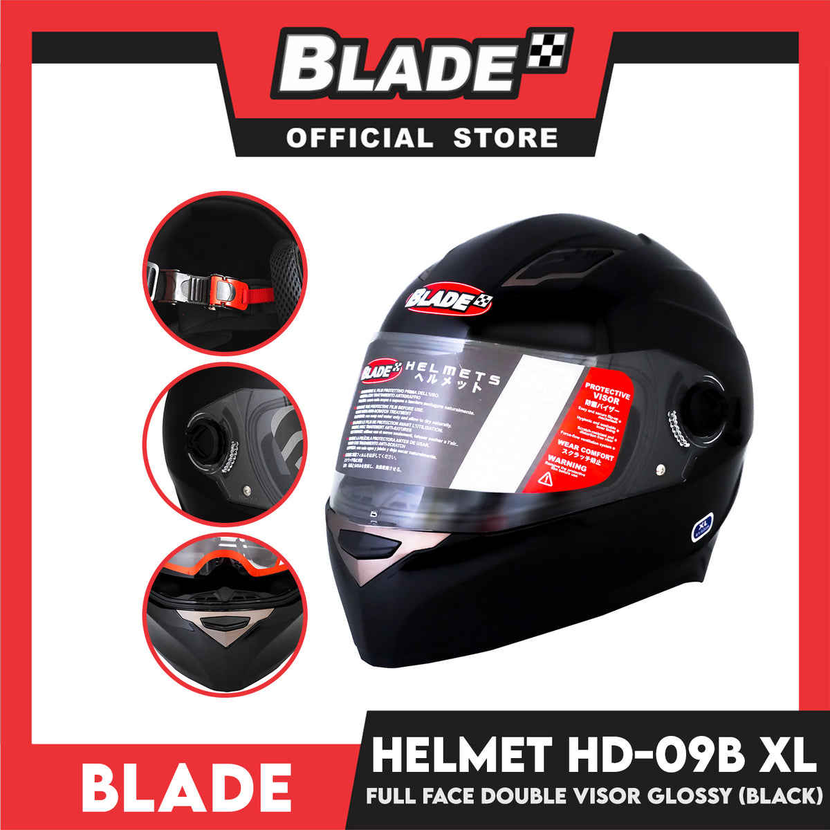Blade Helmet Full Face Double Visor HD-09B Black Glossy (Extra Large)
