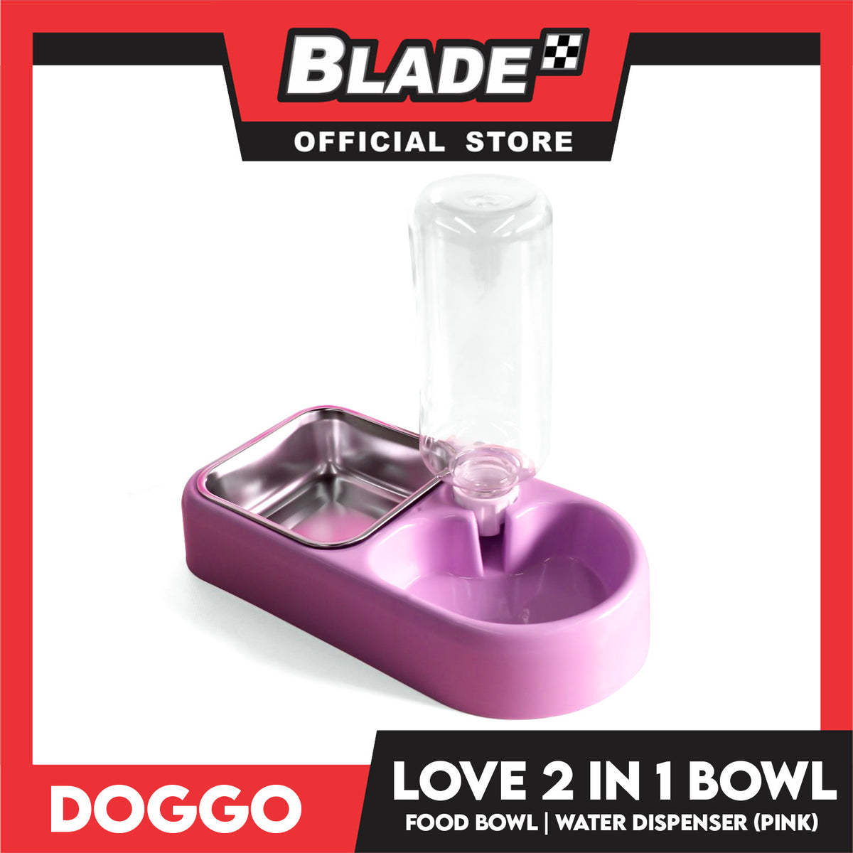 Doggo Love 2 in 1 Bowl With 500ml Bottle (Pink) Thick Plastic Material Pet Bowl