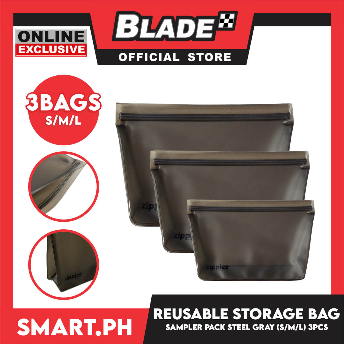 3pcs Zippies Reusable Standup Storage Bag Small, Medium And Large (Steel Grey) BPA Free, Practical, Versatile And Functional