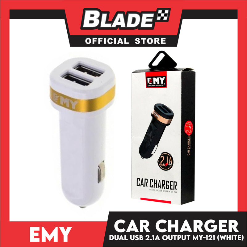 Emy Car Charger 2USB 2.1A Output MY-121 (White) for Android and iOS- Samsung, Huawei, Xiaomi, Oppo and iPhone & iPad Series