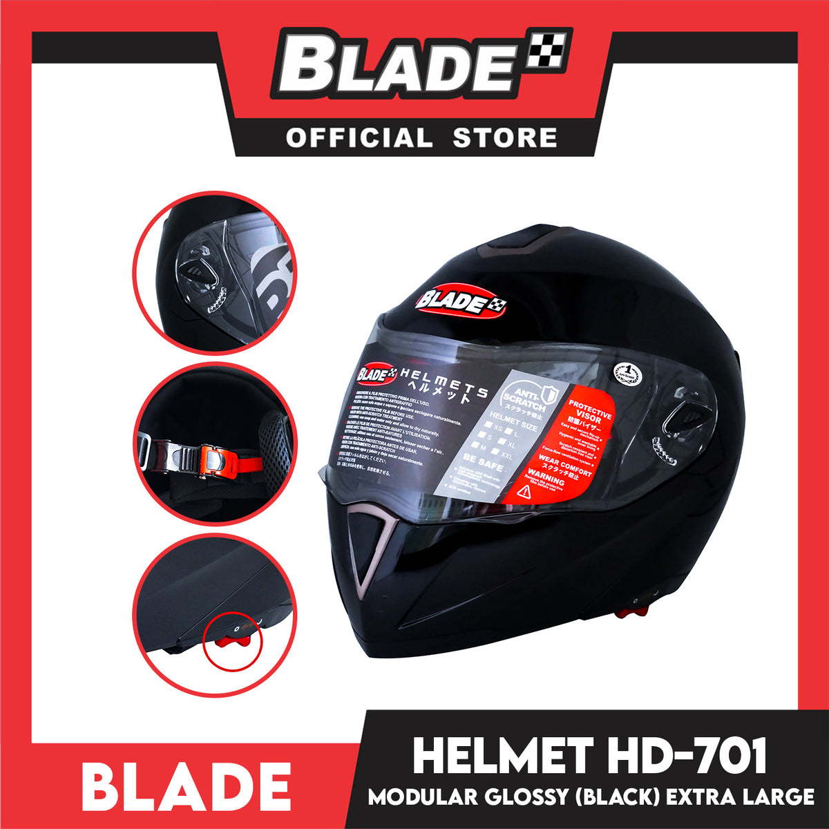 Blade Helmet Modular Full Face HD-701 Black Glossy (Extra Large)
