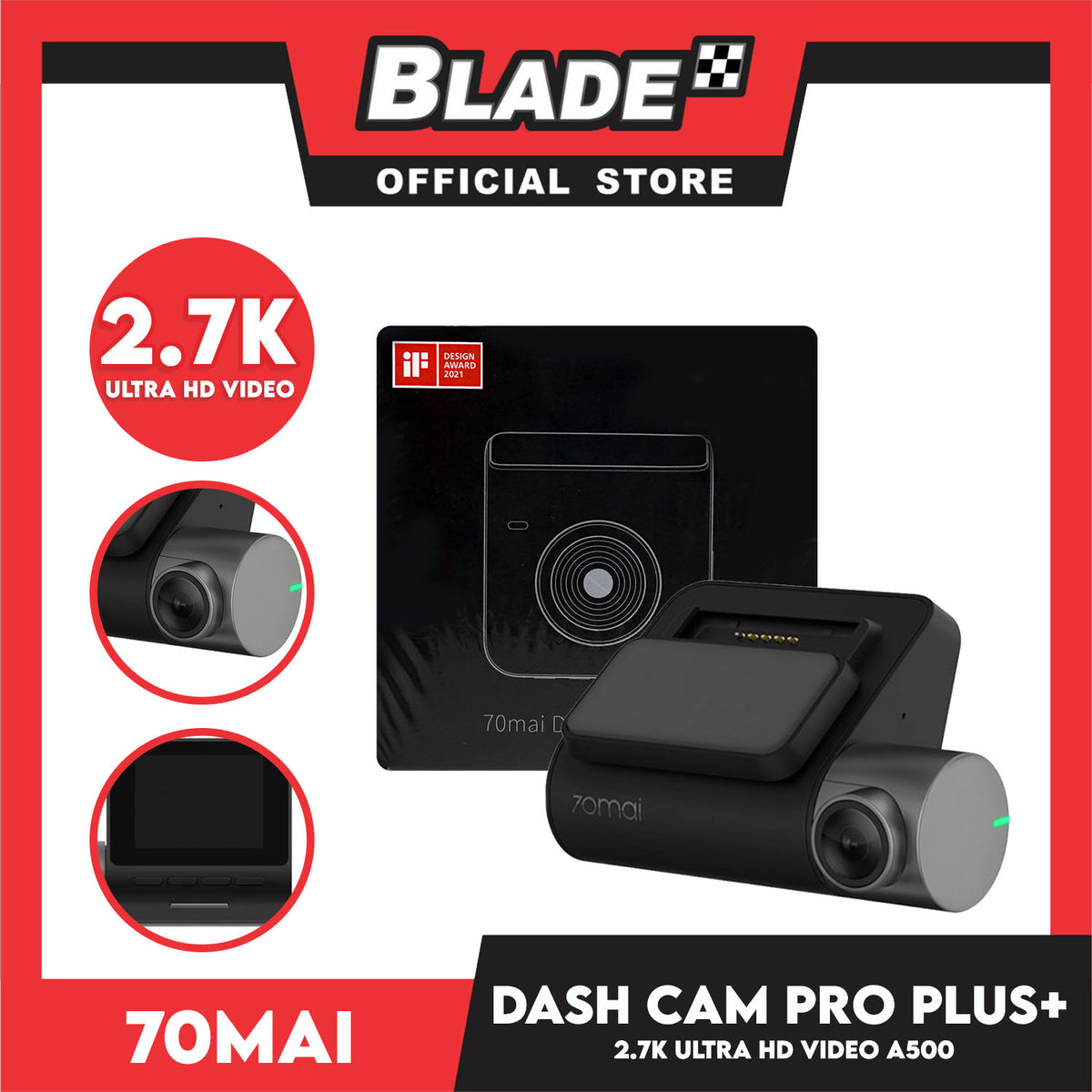 70Mai Dash Cam A500 Pro Plus+ 1944P Resolution And 5-Megapixel Camera 2.7K Ultra HD Video, App Enabled, Dual Channel Recording, Buil-In Wifi And GPS