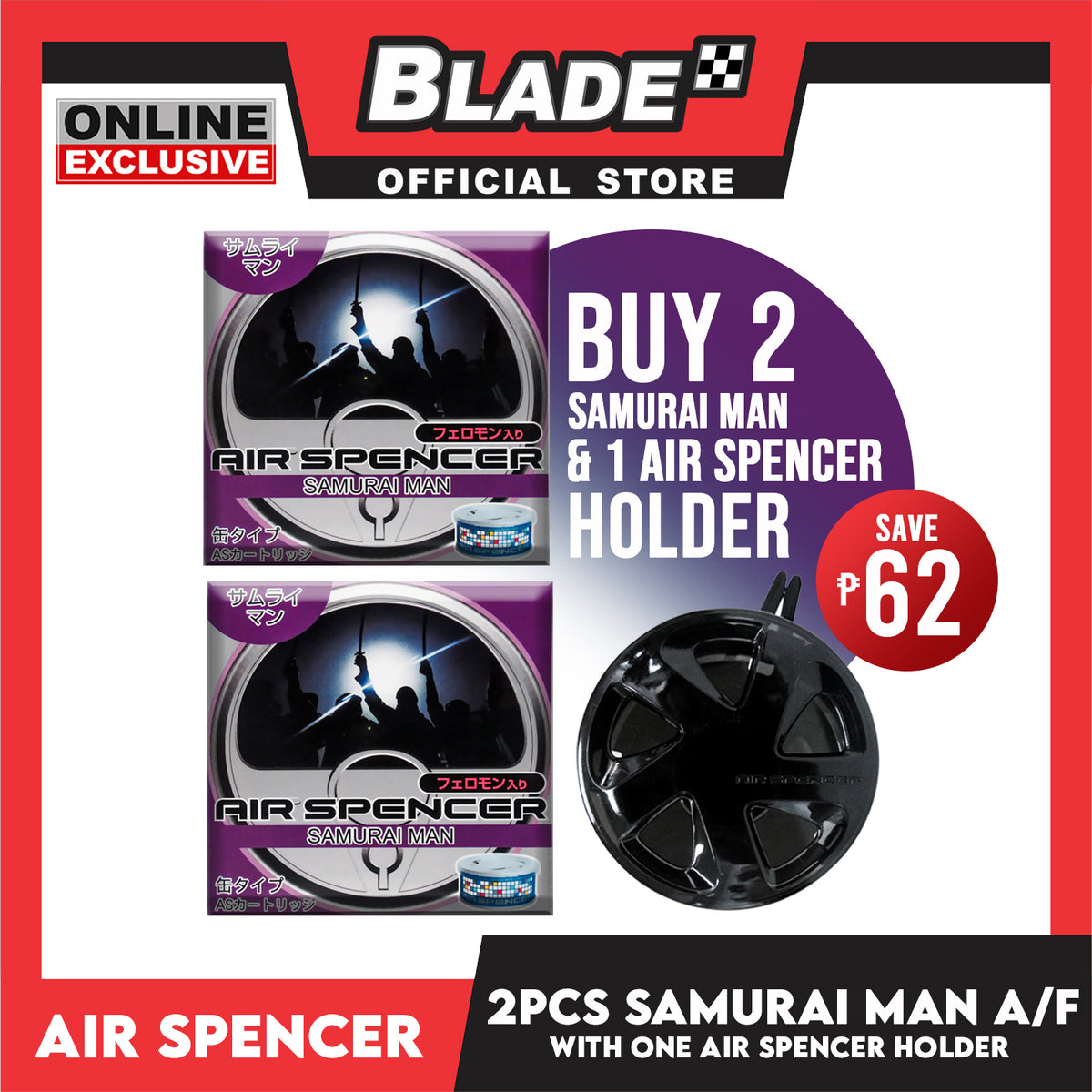 2pcs Air Spencer Car Air Freshener with 1pc Holder (Samurai Man) Heavy Duty, Last Long