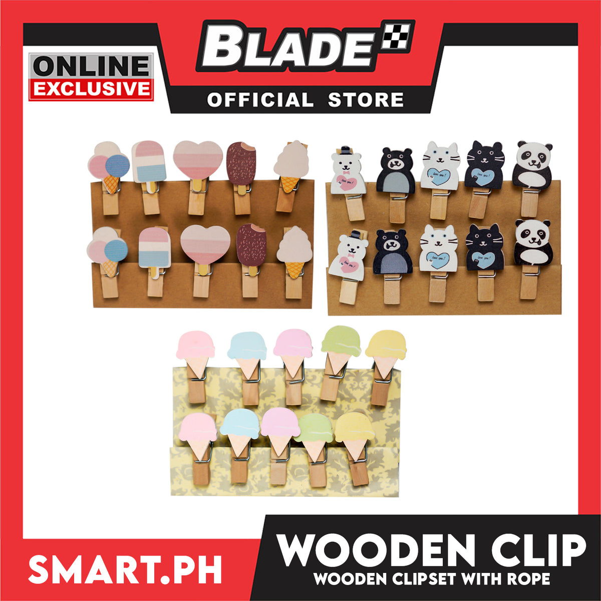 Gifts Wooden Clip Set with Rope, Set of 10pcs (Assorted Designs)