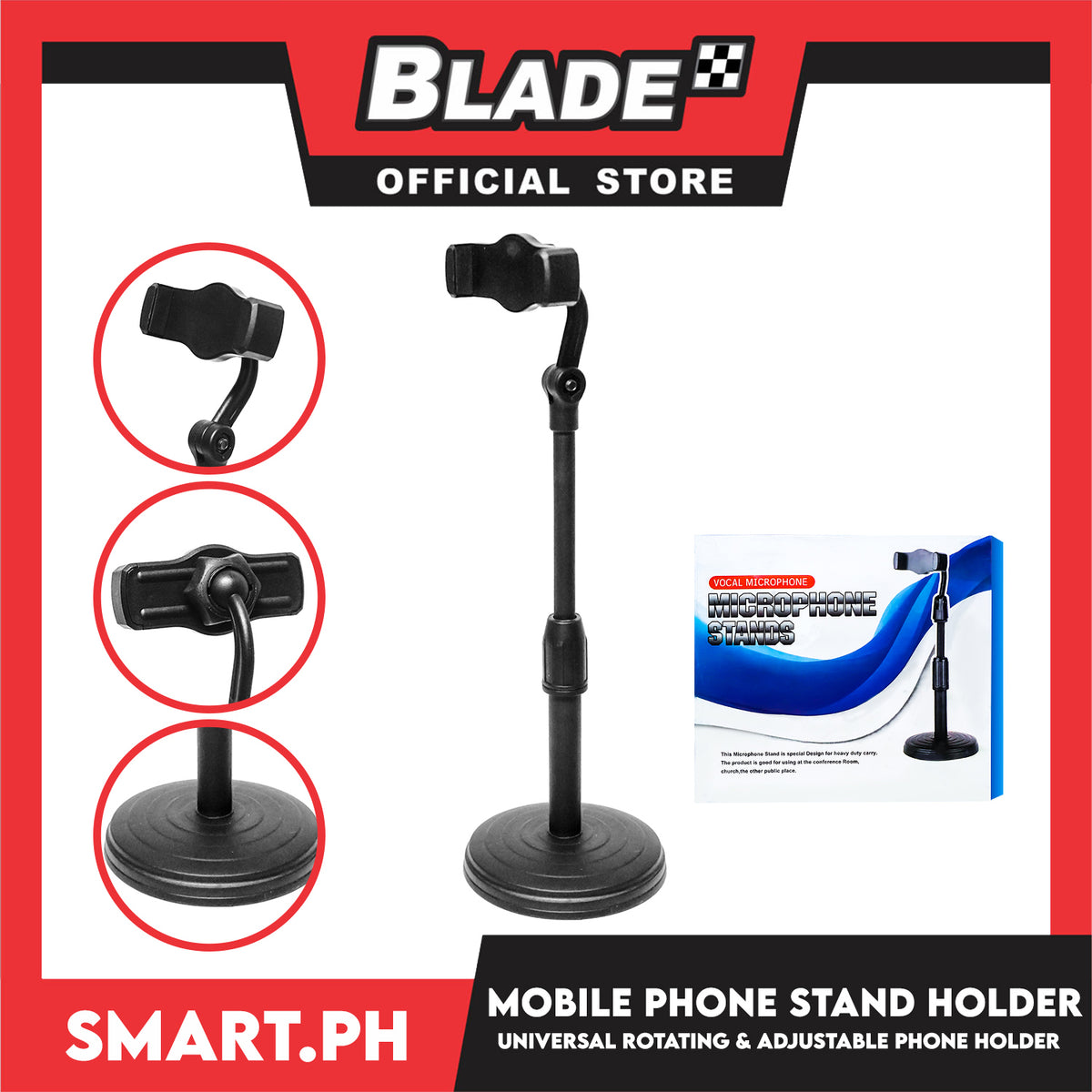 Mobile Phone Stand Holder, Universal Rotating and Adjustable Phone Holder (Black)