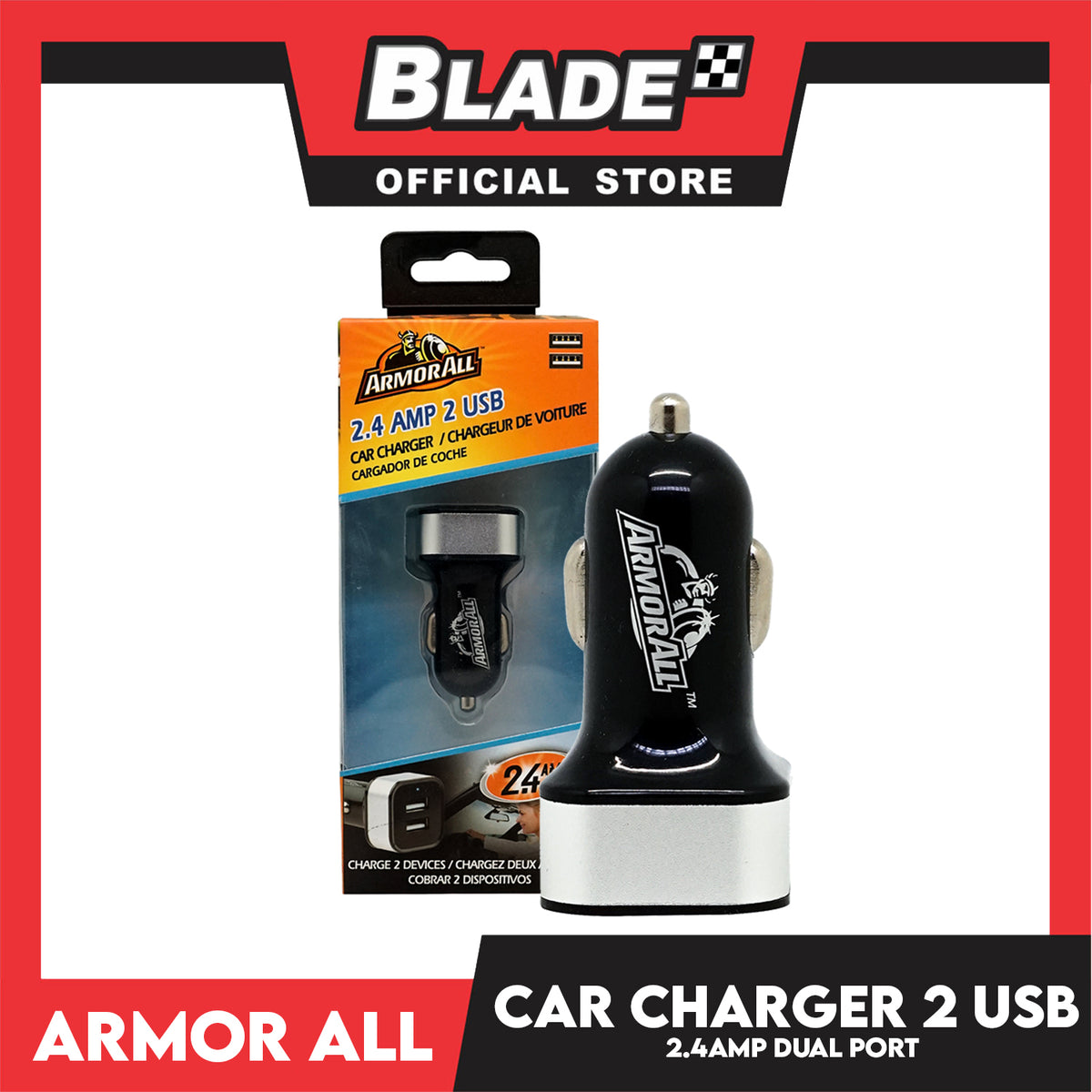 Armor All Car Charger 2.4 AMP 2 Port USB Car Charger (Black) Built-in Led Indicator 12-24V DC Input 5V Output For Smartphones, Tablet and etc.