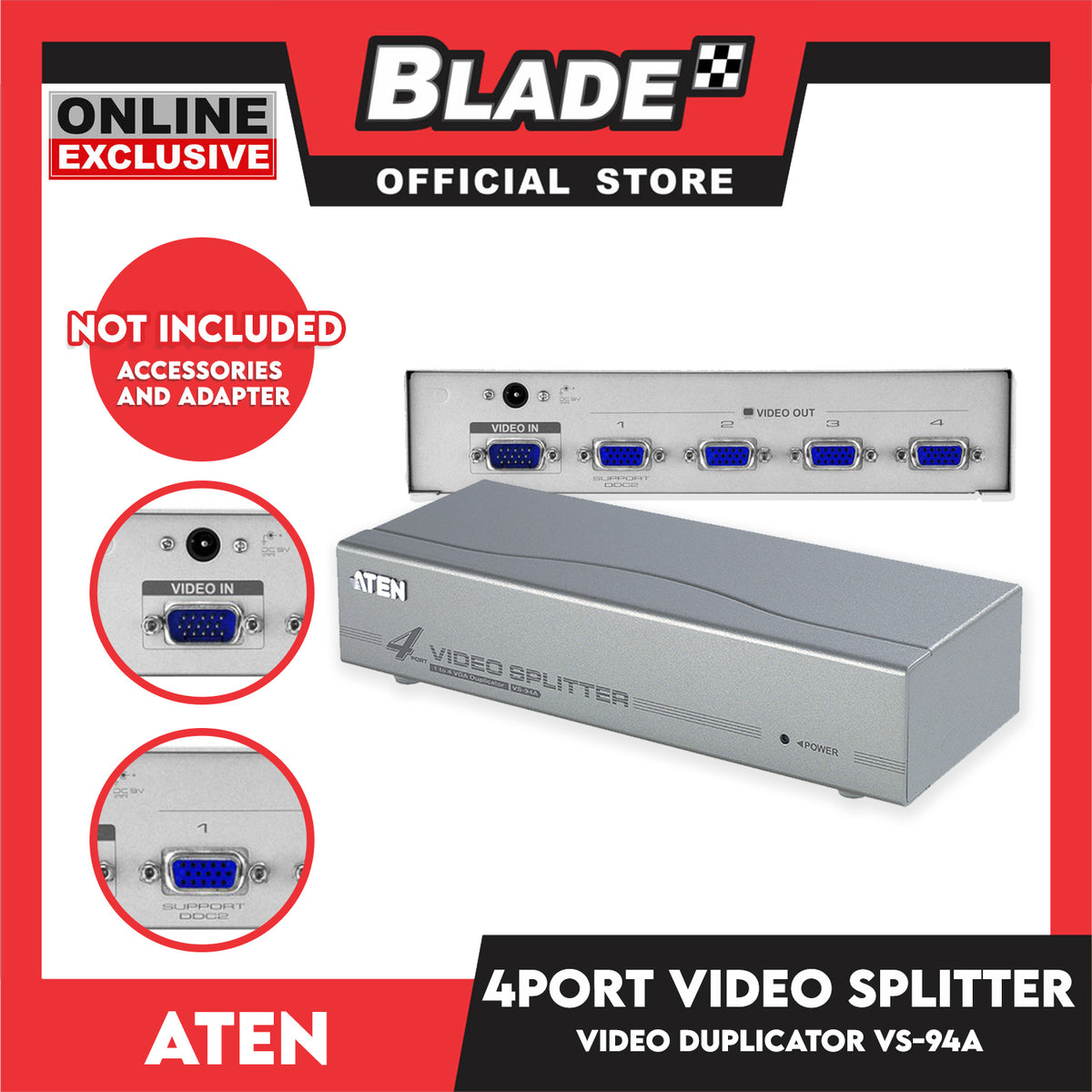 Aten 4 Port Video Splitter VS-94A (350MHz) Duplicates 1 Video Signals To 4 Displays (1 Unit And No Adaptor, No Accessories)