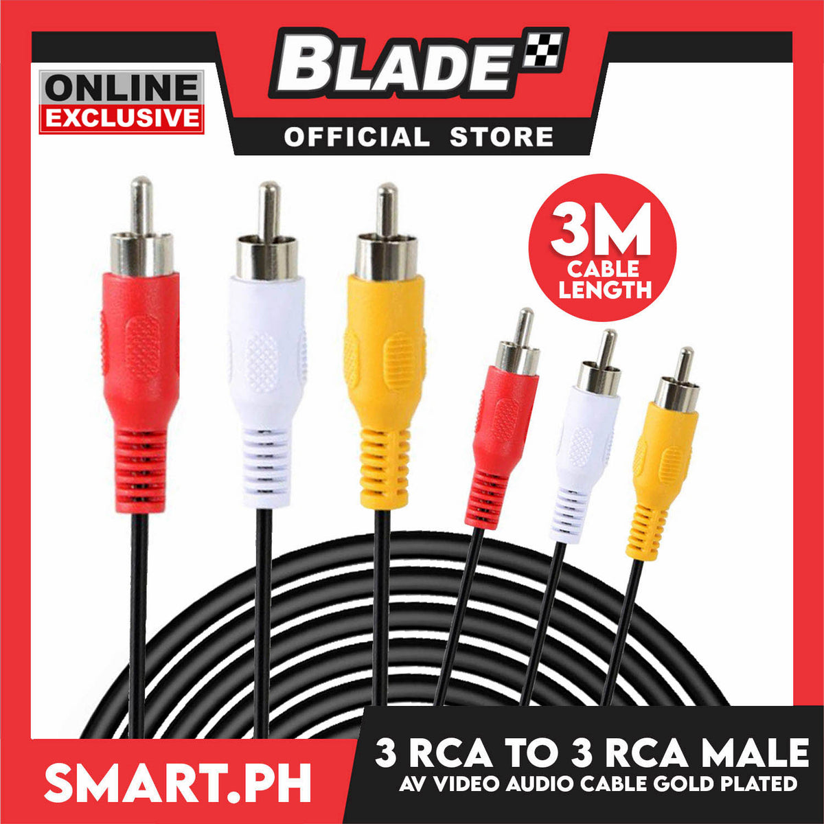 3 Meters 3 RCA to 3 RCA Male AV Video Audio Cable Gold Plated Perfect for Home-Entertainment system such as DVD Player, TV, Camcorder, Set-Top-Box, VCR and other 3R